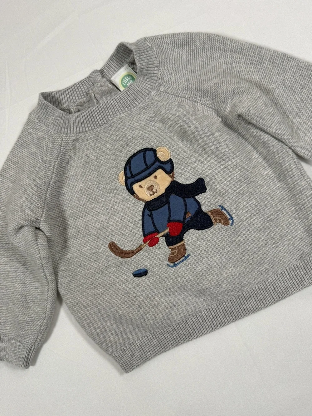 LITTLE ME Hockey Bear Knit Sweater 6M Gray Cotton Baby Pullover Winter Bear